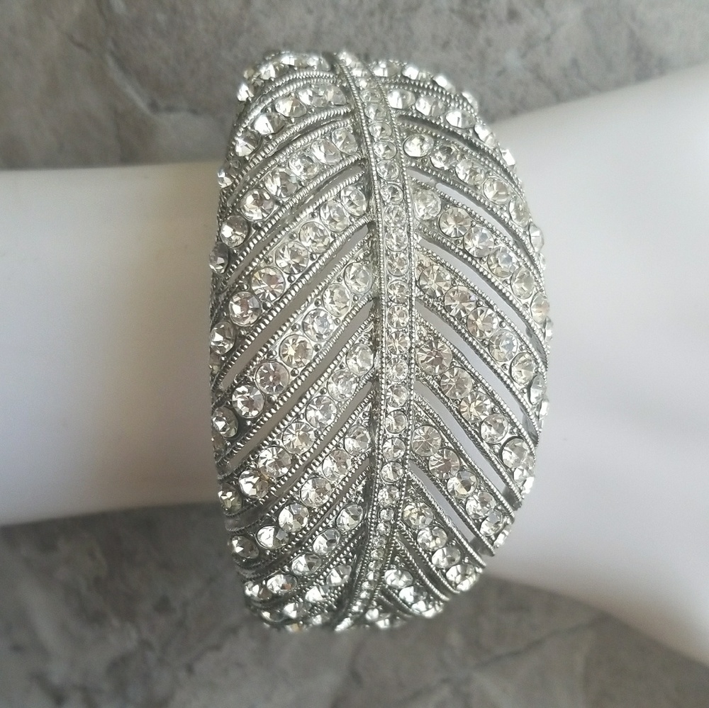 Rhinestone Silver Leaf Bangle Statement Bracelet - image 5